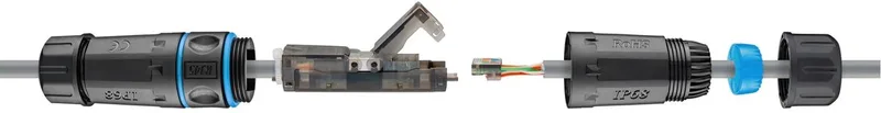 Outdoor (IP68) netwerkkabelconnector, CAT 6A niet afgeschermd (UTP), stofdicht en waterdicht, voor het verlengen of aansluiten van 2x LAN-installatiekabels, max. 500 MHz från Goobay i Zwart-Blauw – produktbild