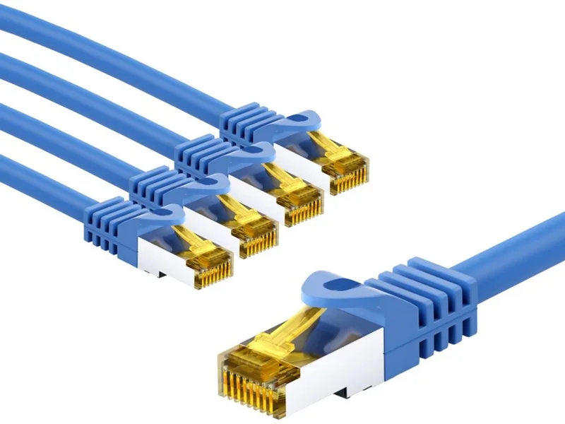 RJ45 netwerkkabel S/FTP, 500 MHz, met CAT 7 ruwe kabel, 3 m, 5er-Set fra Goobay i Blå – produktbillede