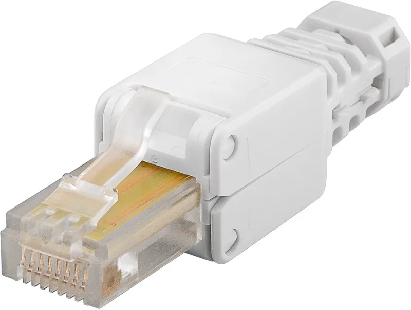 RJ45 netwerkstekker CAT 5e UTP voor montage zonder gereedschap, voor kabeldiktes van 5,2 tot 7,5 mm, met knikbescherming van Goobay in Beige – productfoto