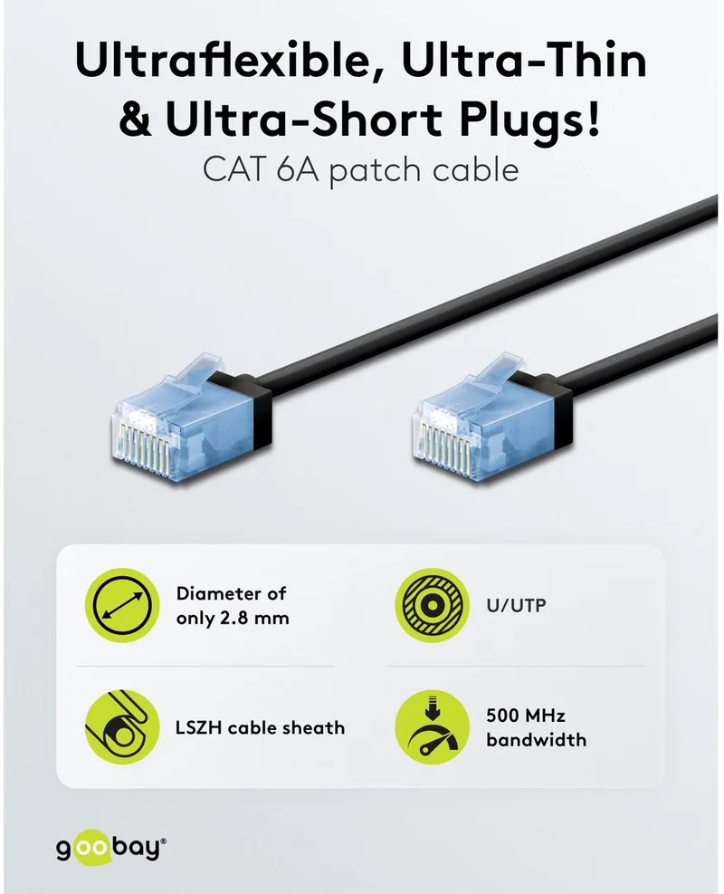Ultraflexibele CAT 6A netwerkkabel, 5 m, U/UTP, extra-korte RJ45-stekkers (15,3 mm), LSZH by Goobay in Black – product photo
