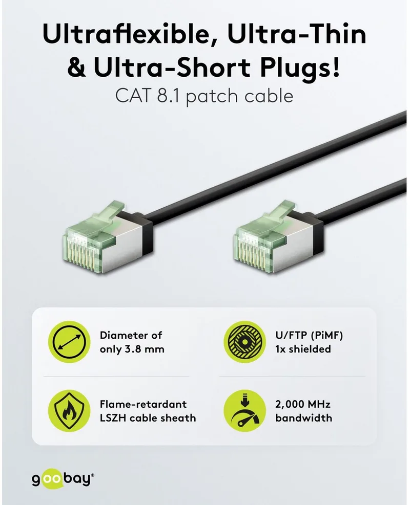Ultraflexibele CAT 8.1 netwerkkabel, slim, U/FTP, 25 cm, met RJ45-stekkers aan beide kabeluiteinden by Goobay in Black – product photo
