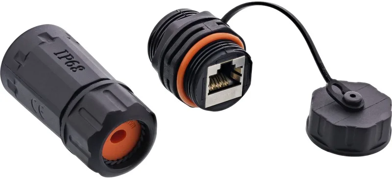 patchkabel koppeling, RJ45 Cat.6A, IP68, voor industrie, met stofkap van InLine in Zwart – productfoto
