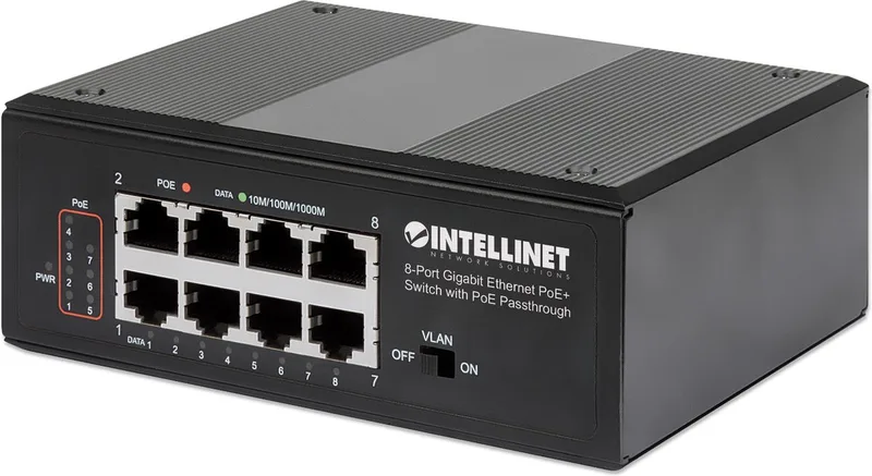 Industriële PoE+ netwerk switch – 8‑poorts Gigabit – PoE Passthrough – DIN‑rail montage van Intellinet in Zwart – productfoto