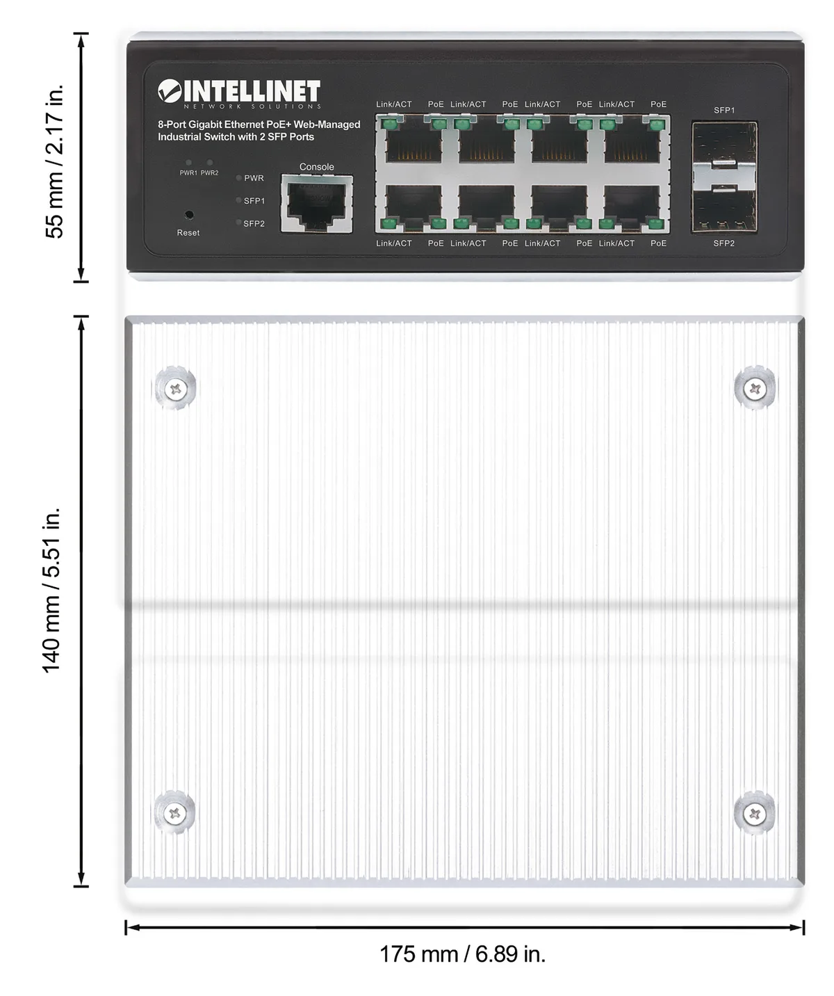 INTELLINET 8-Port Gb PoE+ Web-Managed Industrie-Switch 2xSFP van Intellinet – productfoto