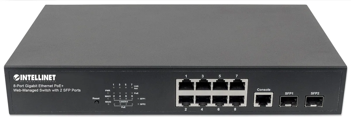 Switch 8-Port Gigabit Web-Managed PoE+ Desk 2xSFP van Intellinet – productfoto