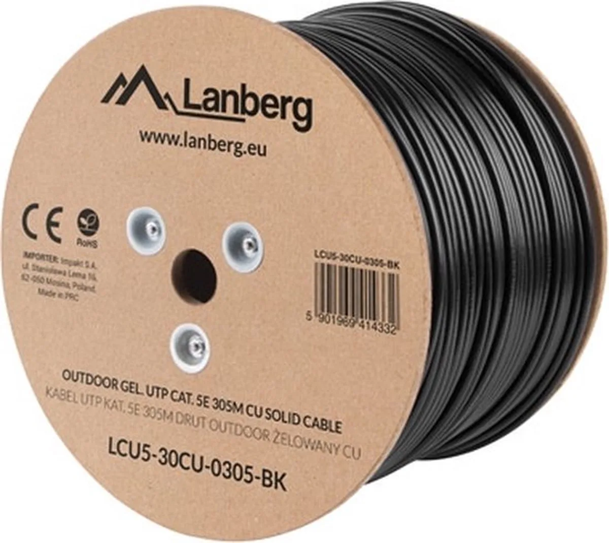 Bobina DE Cable para Exterior LANBERG LCU5-30CU-0305-BK - RJ45 - CAT 5E - UTP - AWG24-305M - black - Gel van Lanberg in Zwart – productfoto