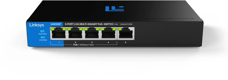 LN2305P – Netwerk Switch – Unmanaged PoE+ – 2500 Mbps – 5-poorts by Linksys in Black – product photo