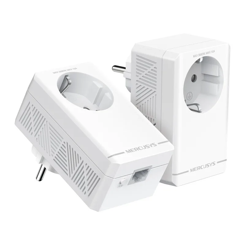 MP500P KIT AV1000 Gigabit Powerline-Adapter-Set mit Durchgangssteckdose - 1000 Mbps, 300 m Reichweite, zusätzliche Steckdose, Plug & Play, Weiß de Mercusys – photo produit