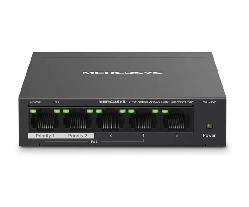 MS105GP PoE Switch 5-Port Gigabit LAN Switch mit 4 PoE+ Ports (65 Watt, IEEE-802.3af/at PoE, lüfterlos, Plug-and-Play, Robustes Metallgehäuse) by Mercusys – product photo