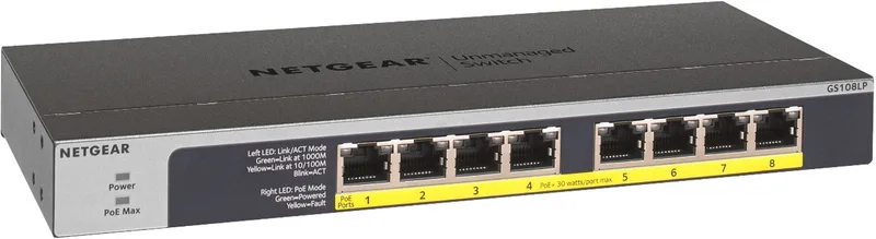 GS108LP - Netwerk Switch - Unmanaged - 1 Gbps - PoE Switch - 8 poorten von Netgear in Schwarz, Grau – Produktfoto