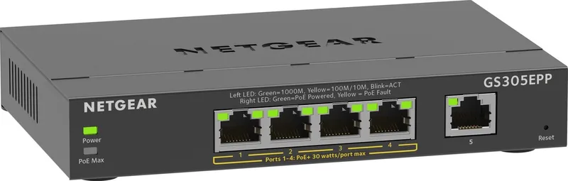 GS305EPP - Netwerk Switch - Plus Managed - 1 Gbps - PoE Switch - 5 poorten von Netgear in Schwarz – Produktfoto