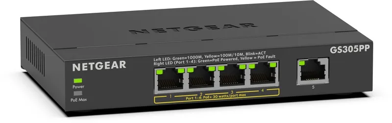 GS305PP - Netwerk Switch - Unmanaged - 1 Gbps - PoE Switch - 5 poorten van Netgear in Zwart – productfoto