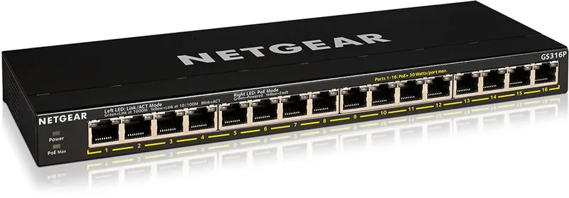 GS316P - Netwerk Switch - Unmanaged - 1 Gbps - PoE Switch - 16 poorten de Netgear en Noir – photo produit