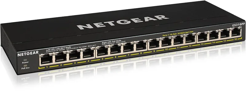 GS316PP - Netwerk Switch - Unmanaged - 1 Gbps - PoE Switch - 16 poorten van Netgear in Zwart – productfoto