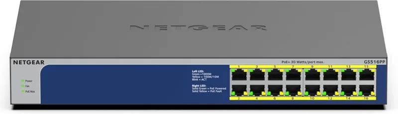 GS516PP - Netwerk Switch - Unmanaged - 1 Gbps - PoE Switch - 16 poorten by Netgear in Blue – product photo