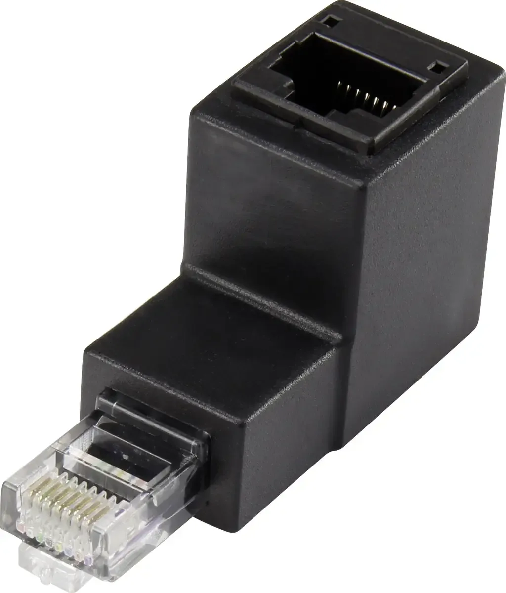 Adaptateur réseau informatique RJ45 Renkforce CAT 5e [1x RJ45 mâle - 1x RJ45 femelle] Coudé vers le bas à 90° 0.00 m de Renkforce en Noir – photo produit