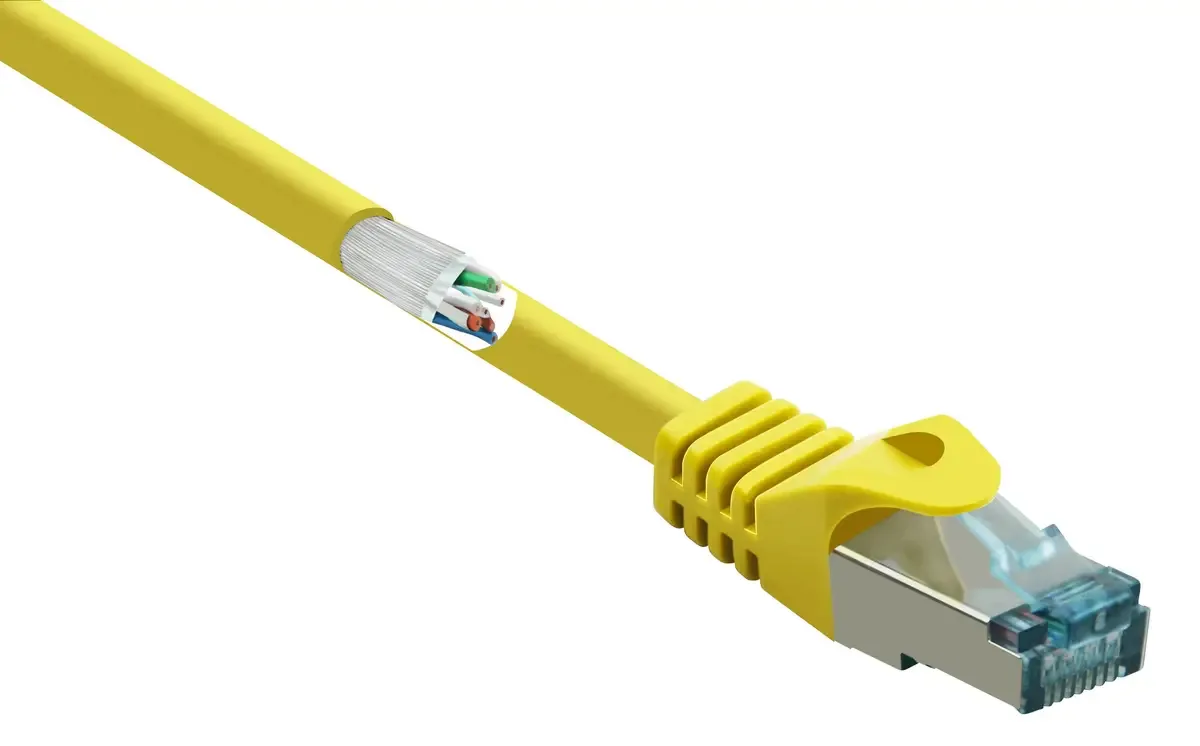 RF-5088652 RJ45 netværkskabel, patchkabel CAT 6A S/FTP 5.00 m med låsebeskyttelse, flammehæmmende 1 stk. fra Renkforce i Gul – produktbillede