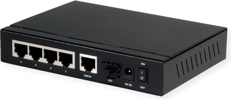 Gigabit Ethernet Switch 6 poorten (5x 10/100/1000 + 1x SFP, 4x PoE+) by Roline in Black – product photo