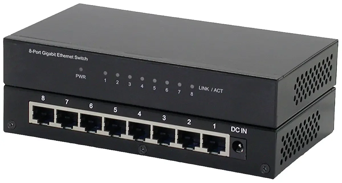 Gigabit Ethernet Switch, 8 poorten fra Roline i Sort – produktbillede