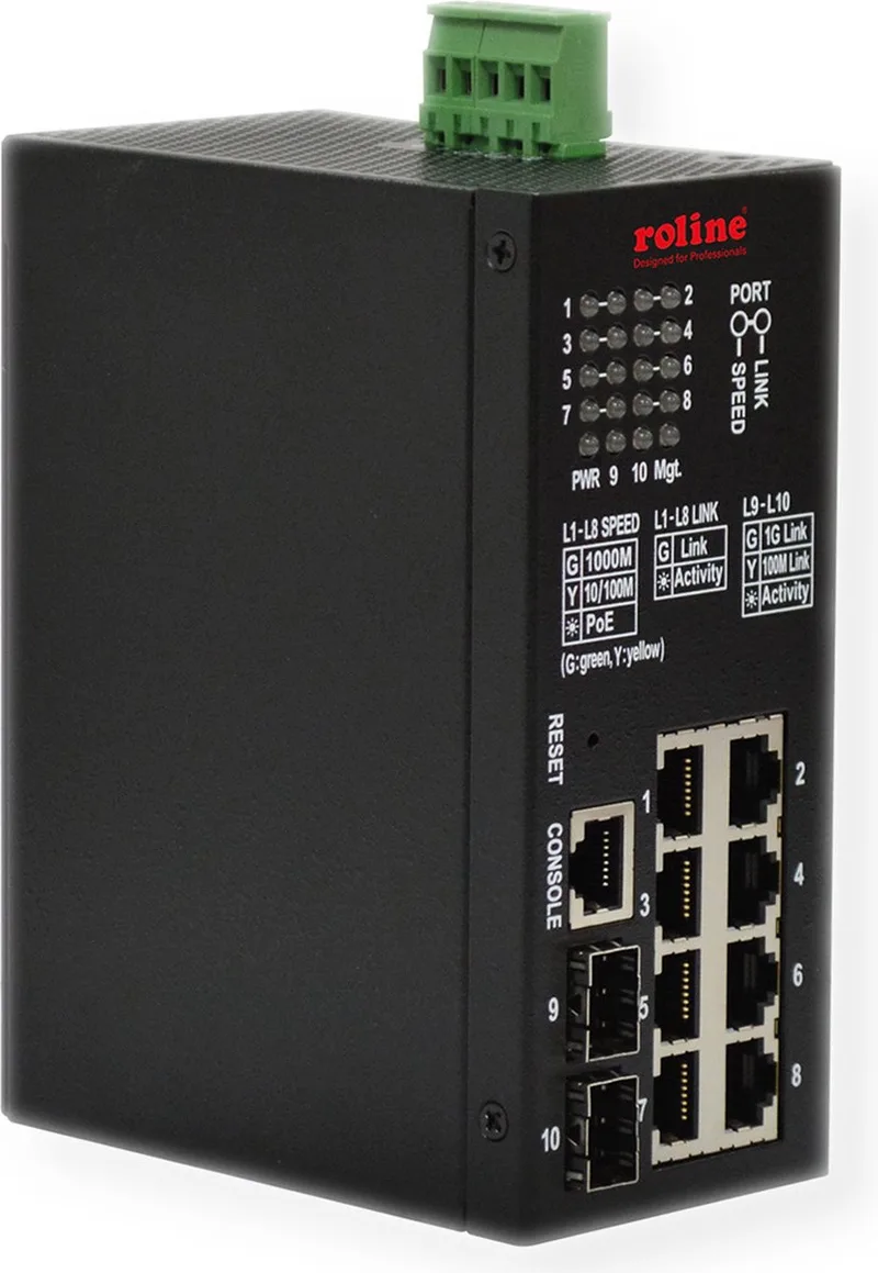 Industriële Gigabit Switch, 10 poorten, PoE+, Smart Managed fra Roline i Sort – produktbillede