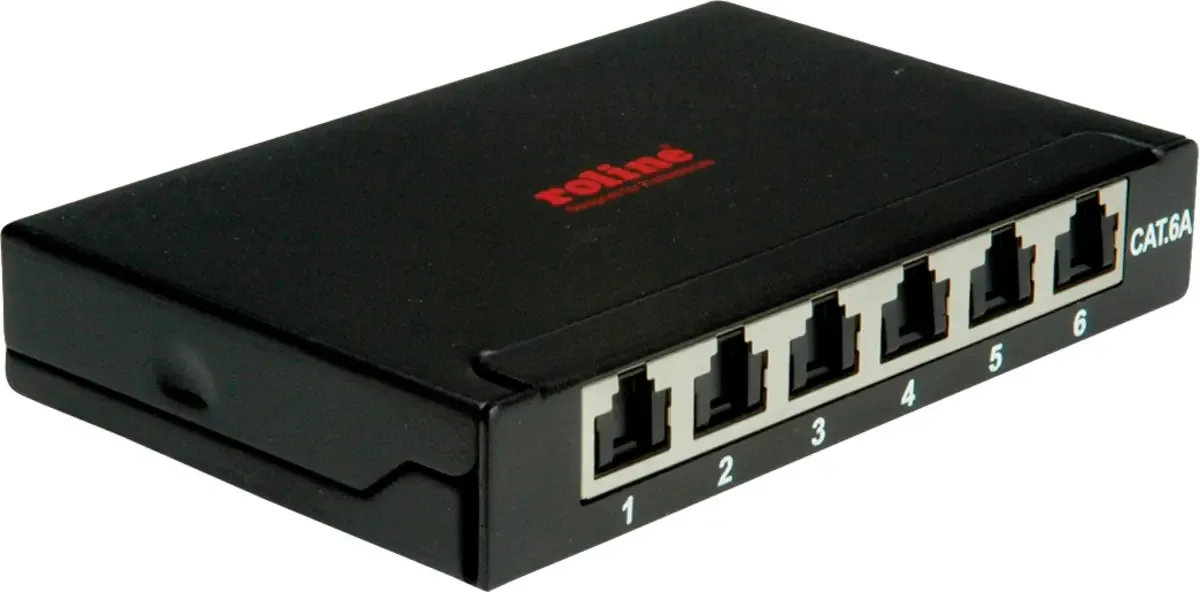 Mini-Patchpanel, Cat.6A/Cl.EA, 0,5U, 6x RJ45-Ports, geschirmt von Roline in Schwarz – Produktfoto