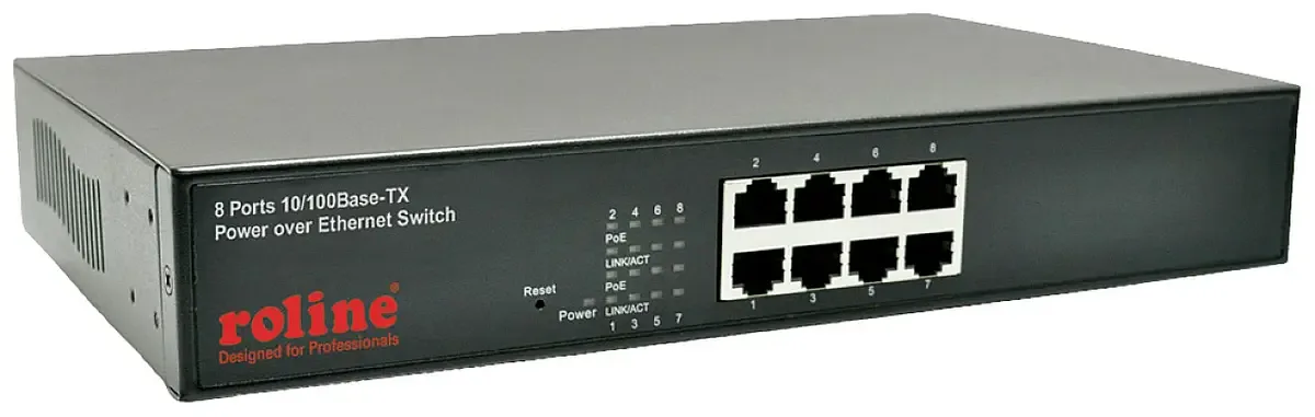 PoE Fast Ethernet Switch, 8-Poorts, (8x PoE), 19 Inbouw fra Roline i Sort – produktbillede