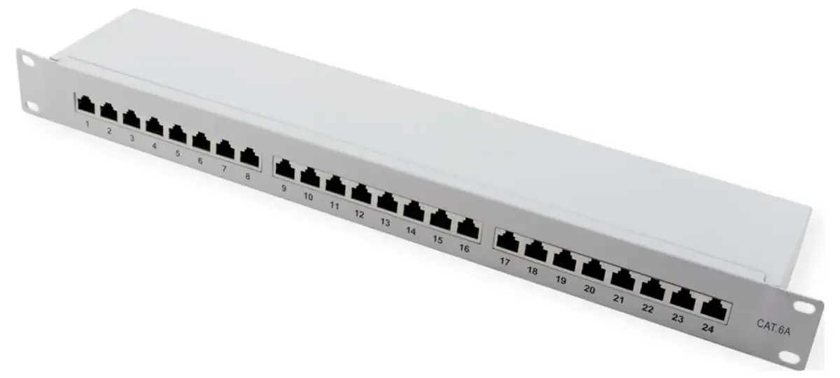 Value 26.99.0365 24 Port Netzwerk-Patchpanel 483 mm (19) CAT 6a 1 HE Grau Bestückt von Roline in Grau – Produktfoto