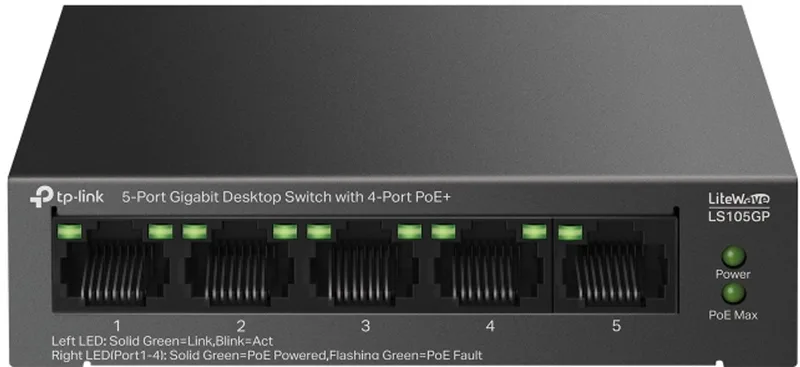 LiteWave LS105GP netwerk-switch Unmanaged Gigabit Ethernet (10/100/1000) Power over Ethernet (PoE) från TP-Link i Svart – produktbild