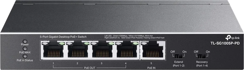 TL-SG1005P - switch - 5-poorts - Gigabit - POE+ - 4x PoE - 56W van TP-Link in Zwart – productfoto
