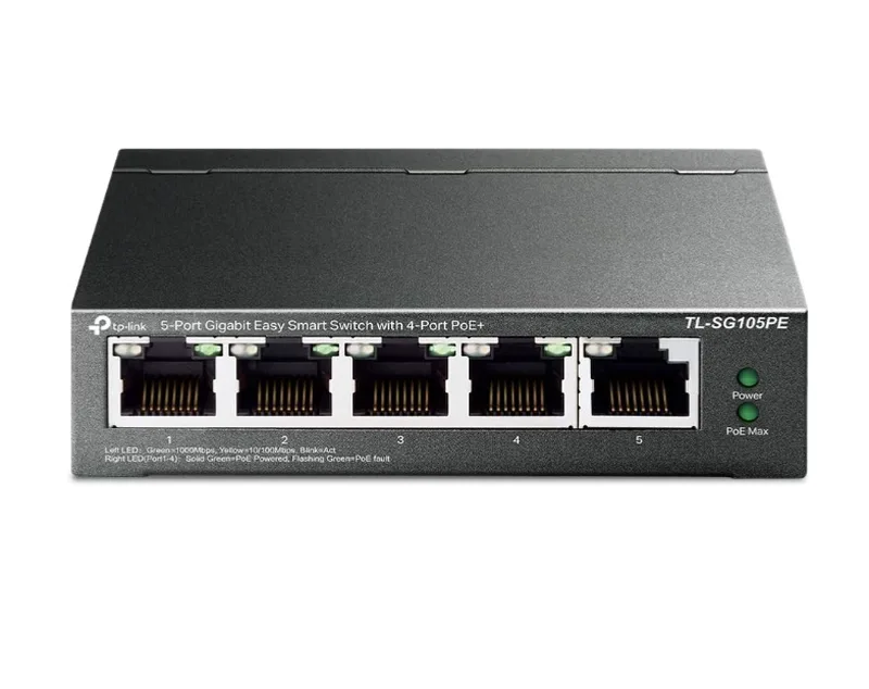 TL-SG105PE 5-Port Gigabit Easy Smart Switch, 4× PoE+-Ports (65 W), VLAN, QoS, IGMP, lüfterloses Metallgehäuse, Schwarz de TP-Link – photo produit