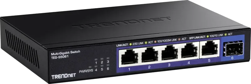 TEG-S5061 6-poorts switch, 2,5G unmanaged switch met 10G SFP+-poort från TRENDnet i Svart – produktbild