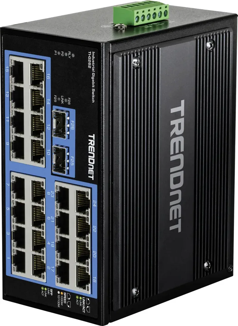 TI-G262 DIN-Rail Switch, 26-poorts industriële gigabit by TRENDnet in Black – product photo