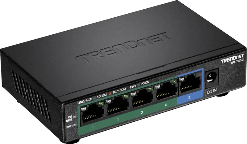 TPE-TG52 5-Poorts PoE Switch Gigabit PoE+ 32W de TRENDnet en Noir – photo produit