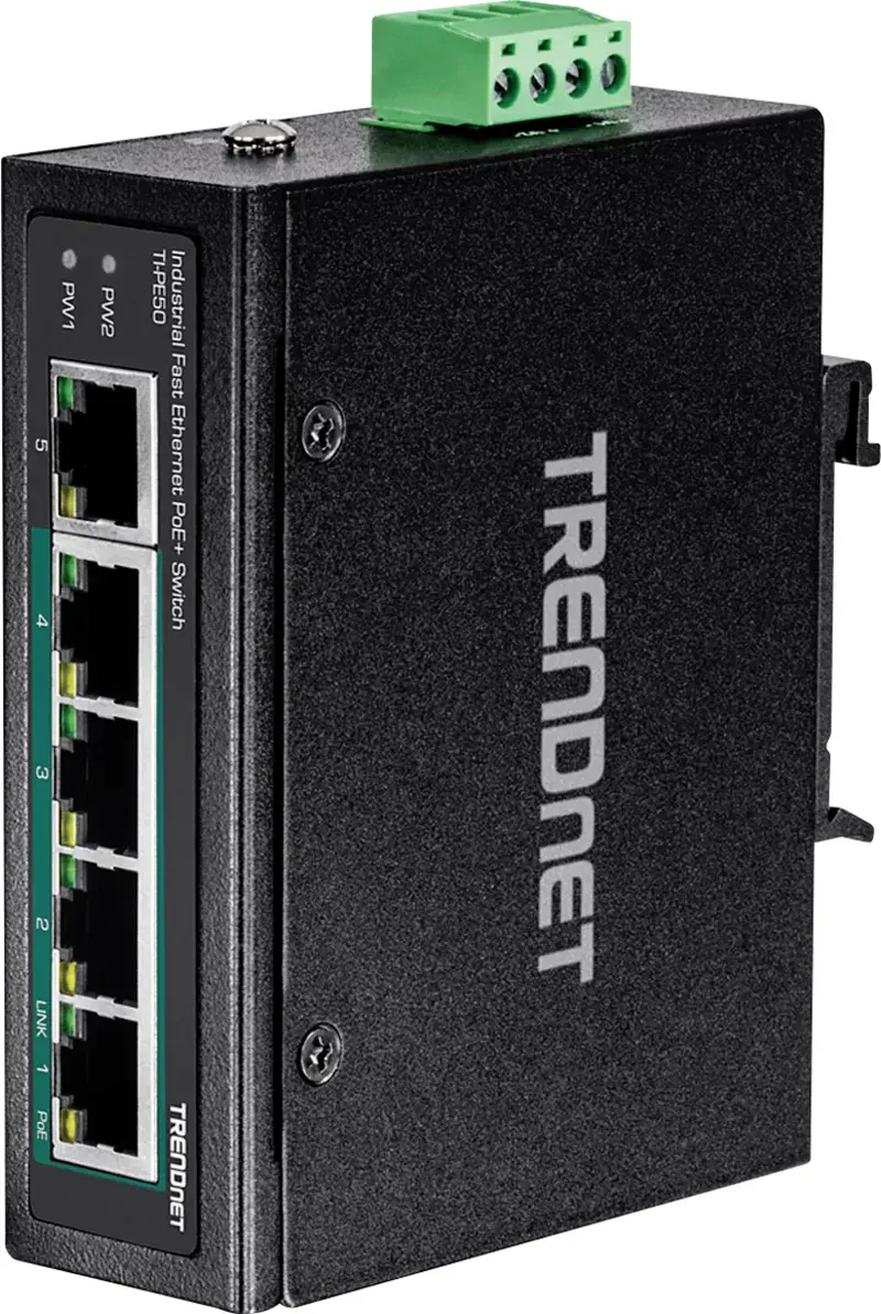 TrendNet 21.22.1439 TI-PE50 Industrial Ethernet Switch 10 / 100 MBit/s PoE-functie von TRENDnet in Schwarz – Produktfoto