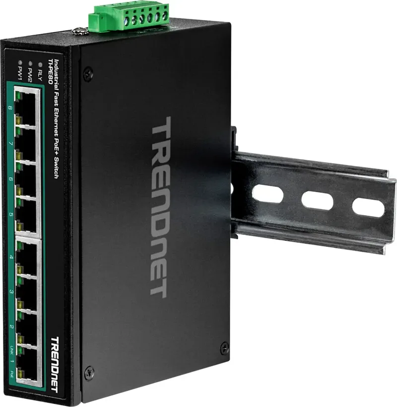 TrendNet 21.22.1440 TI-PE80 Industrial Ethernet Switch 10 / 100 MBit/s PoE-functie från TRENDnet i Svart – produktbild
