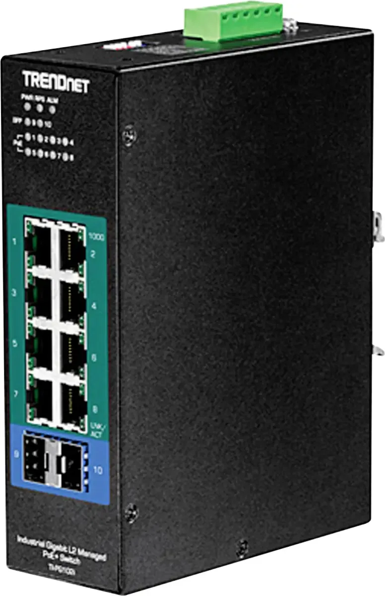 TRENDnet TI-PG102I - Switch - managed - 8 x 10/100/1000 (PoE+) Industrial Ethernet Switch PoE-functie de TRENDnet en Noir – photo produit
