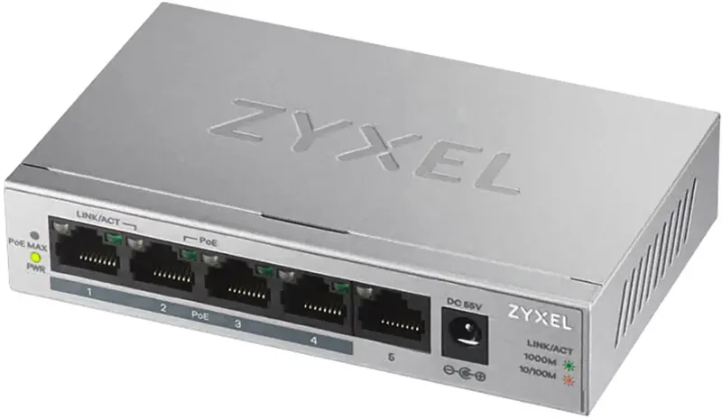 GS1005HP-EU0101F GS1005HP-EU0101F Netwerk switch 5 poorten 2000 MBit/s PoE-functie van Zyxel in Zwart – productfoto